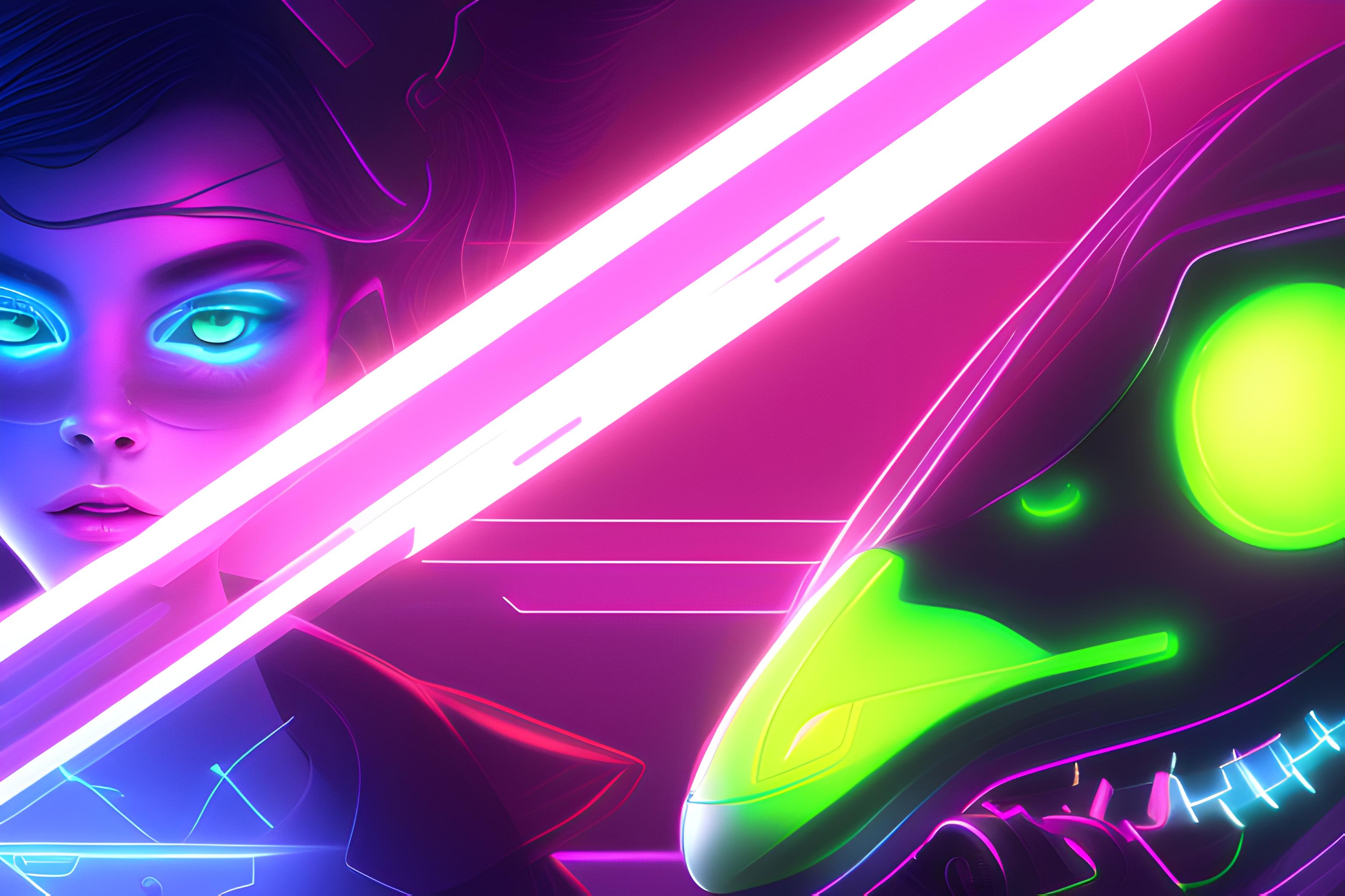 GENERE UN FOND DECRANPC CYBERPUNK VIOLETBLEU NEON ET PLEIN DE CHAT NOIR AUX YEUX VERT